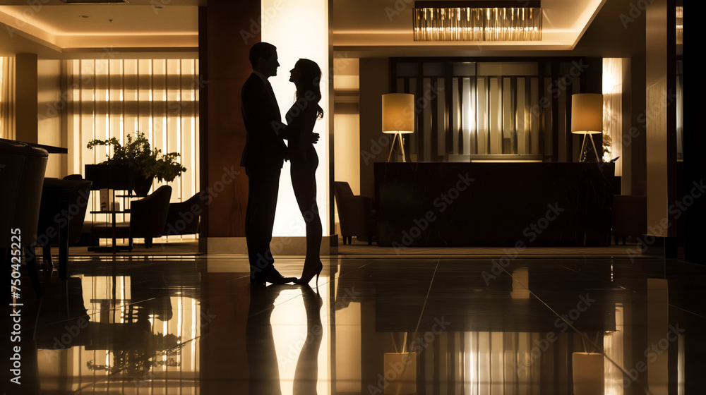 A dimly lit hotel space, a well-proportioned couple forms a serene tableau as diffused light highlights their silhouettes against the backdrop - obrazy, fototapety, plakaty 