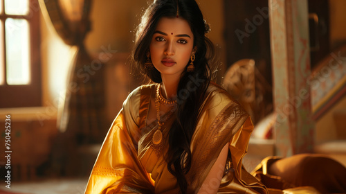 Graceful lady adorned in a golden silk saree, devoid of accessories, sitting with poise on the floor © Graphic Master