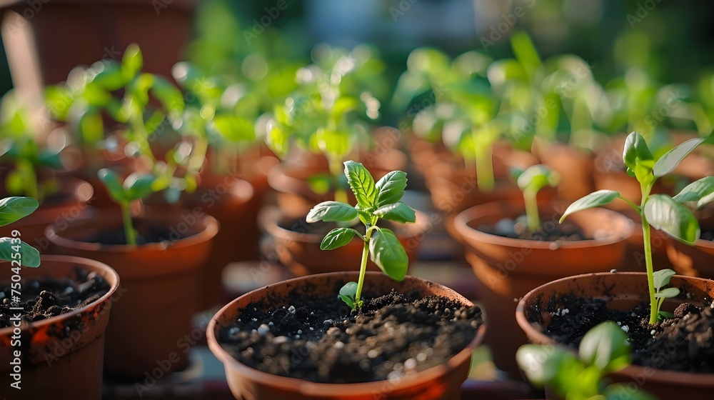 Growing Young Plants in Pots in a Garden