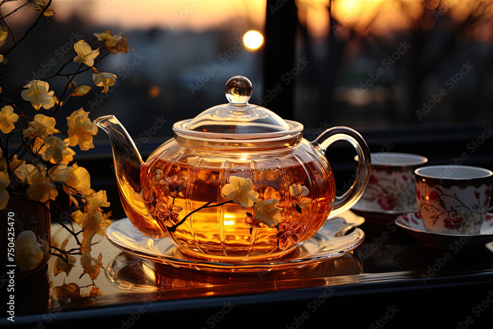 Tea ceremony, teapot and cups, nature morning light background. Ai generative art Tea ceremony, teapot and cups, nature morning light background. Ai generative art