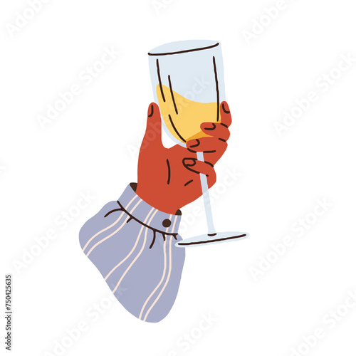 Hand holding wine glass. Tasting alcohol drink. Sommelier swirling wineglass. Celebrating holiday with beverage in goblet, toast and cheers. Flat vector illustration isolated on white background