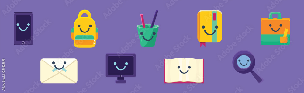 Cute School Supply Item with Smiling Face Vector Set Cute School Supply Item with Smiling Face Vector Set
