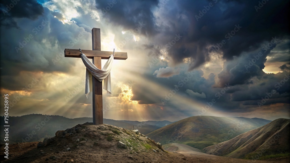  christian cross on the mountain with sun light - obrazy, fototapety, plakaty 