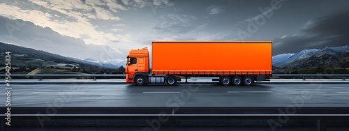 A side view of orange truck on highway in countryside. Transportation logistic concept.
