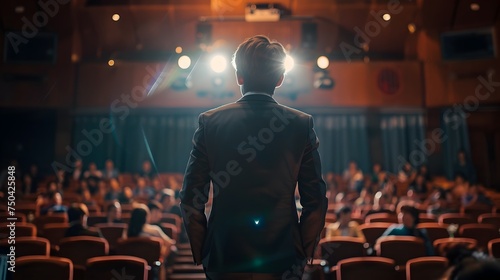 Man Standing on Stage in Backlit Auditorium