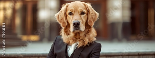 A golden retriever dog in black suit going to work in the town portrait photography.