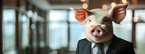 A pig in black suit going to work in the town portrait photography. photo