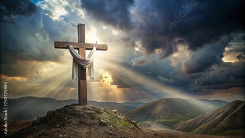  christian cross on the mountain with sun light photo