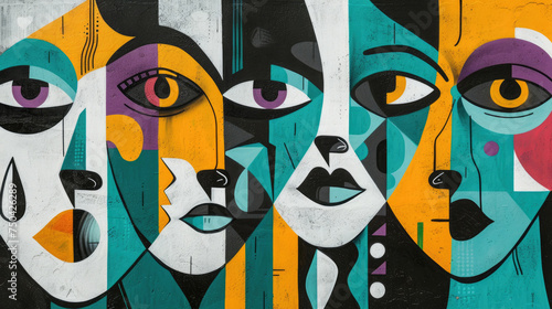 Abstract black and white cubist face with an energetic mix of turquoise, tangerine, purple, lemon yellow and emerald green in retro colors. Illustration for creative design