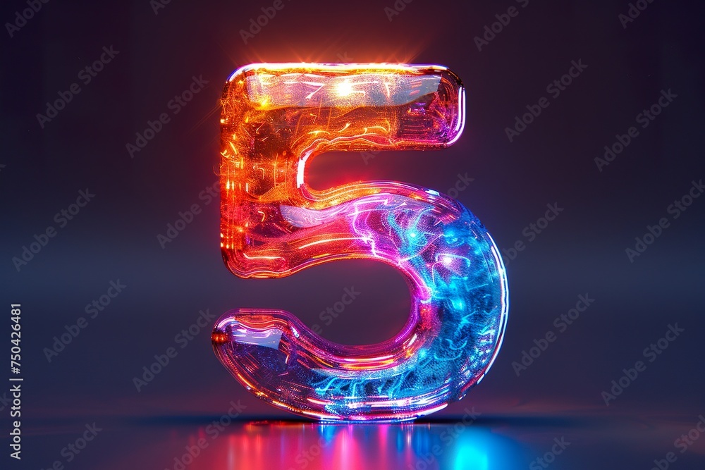 Number 5 - colorful glowing outline alphabet symbol on blue lens isolated white background