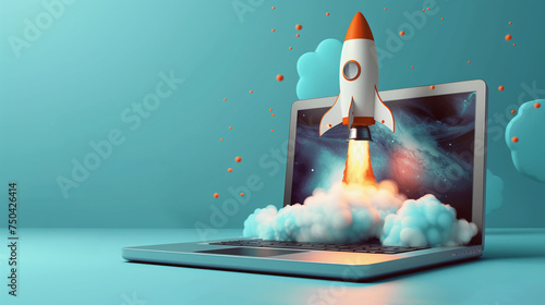 Start up concept. Sucessful start of project. Development concept. laptop with a rocket coming out of it photo