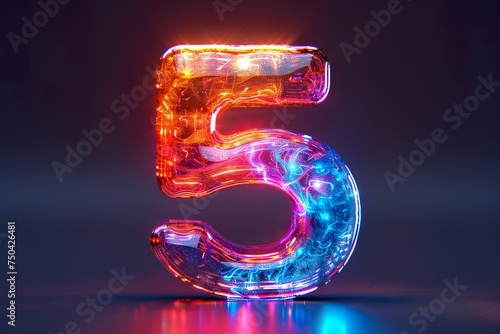 Number 5 - colorful glowing outline alphabet symbol on blue lens isolated white background