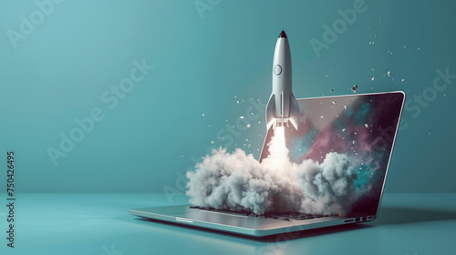 Start up concept. Sucessful start of project. Development concept. laptop with a rocket coming out of it