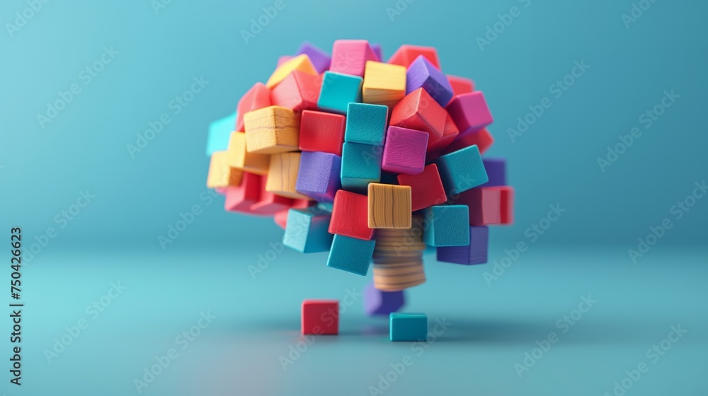 3D illustration of a brain made from colorful wood blocks, Creative thinking concept.