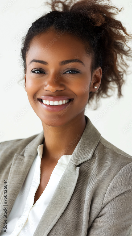 Corporate woman presenting a confident headshot with a bright smile Corporate woman presenting a confident headshot with a bright smile