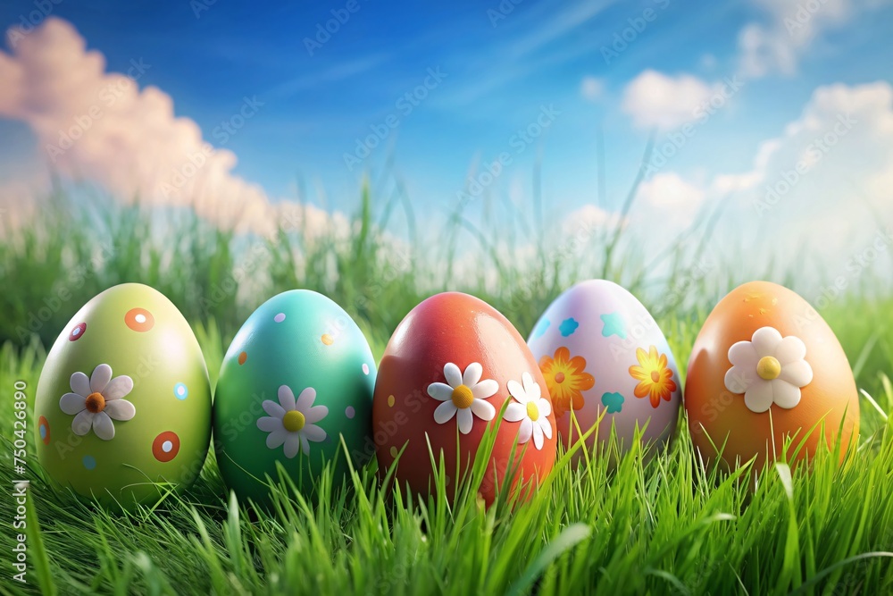 Easter eggs on green grass. Happy Easter on a spring day. Easter eggs on green grass. Happy Easter on a spring day.