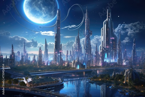 Futuristic cityscape with lush greenery and advanced architecture, depicting urban development visionar city with advanced technology, featuring skyscrapers, flying vehicles, and holographic displays.