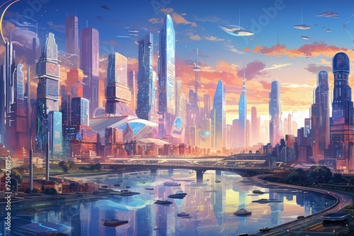 Futuristic cityscape with lush greenery and advanced architecture, depicting urban development visionar city with advanced technology, featuring skyscrapers, flying vehicles, and holographic displays. © Tanu