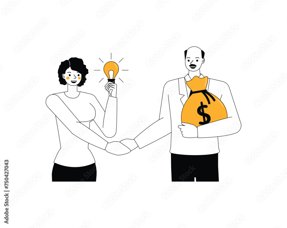 Business funding illustration concept. Business people thinking and working in office. Office man and woman character outline flat and minimal vector design style. Business funding illustration concept. Business people thinking and working in office. Office man and woman character outline flat and minimal vector design style.