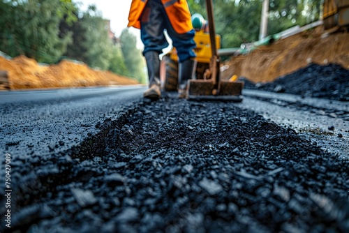 Worker Laying Black Asphalt on Road during Construction