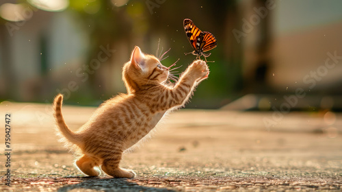 An adorable little kitten is catching a beautiful butterfly on the street in summer.