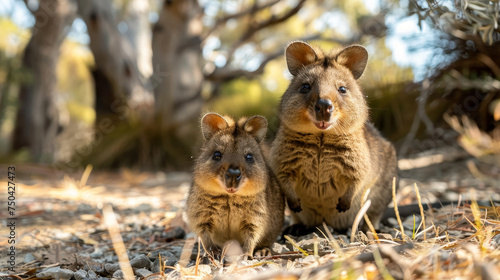 A quokka mother and her joey in a tender pose in their natural habitat  both gazing towards the viewer.