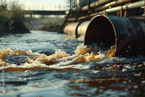 water waste flowing into the river, Environmental damage concept, Industrial and factory brown wastewater murky discharge pipe into wild river, dirty water pollution