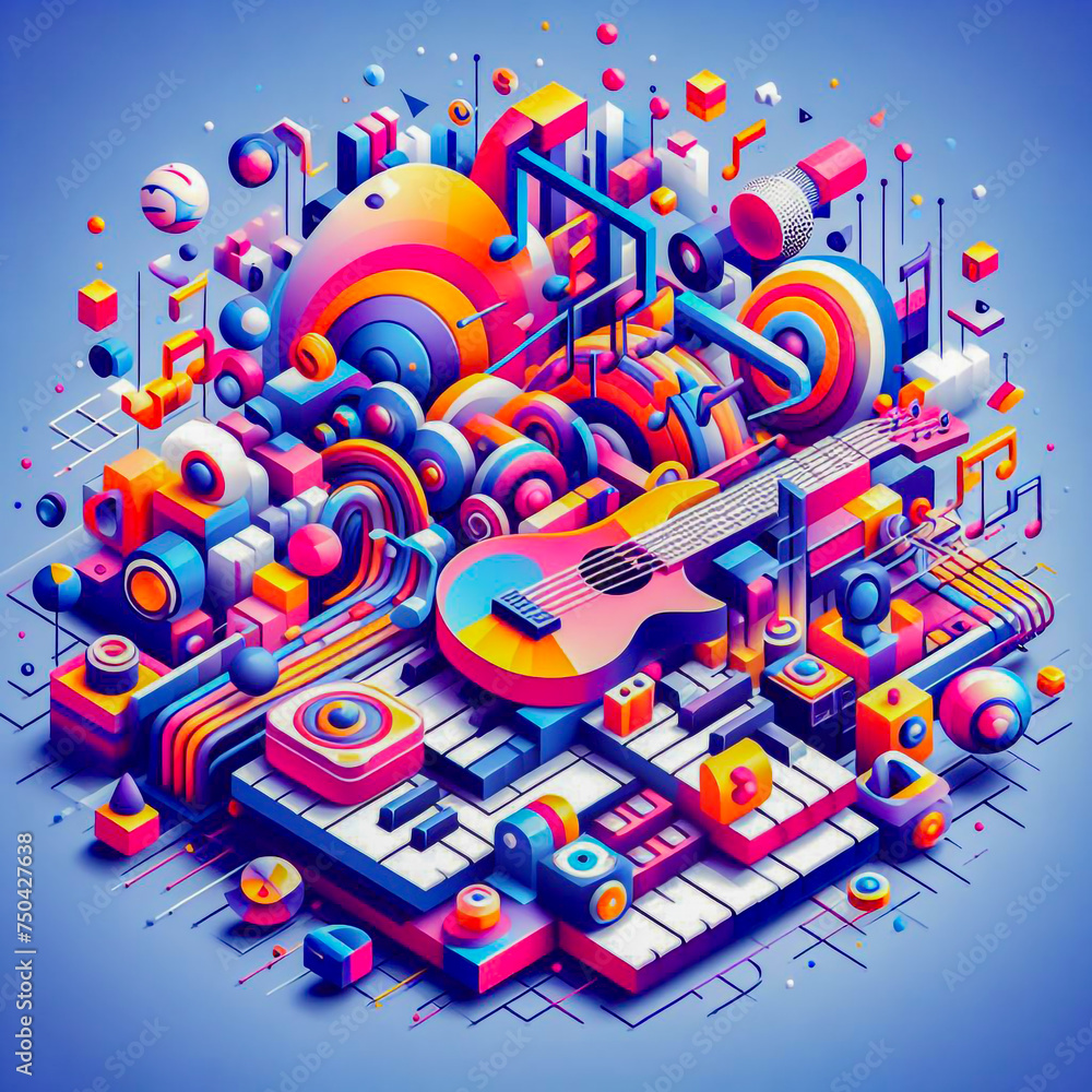 Fototapeta premium Dynamic Rhythm: Vibrant 3D Illustration Harmonizes Abstract and Musical Elements.