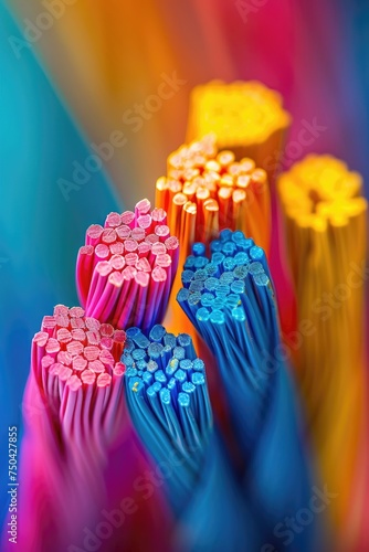 Macro shot of multi-colored cable ends, representing connectivity and data transmission. photo