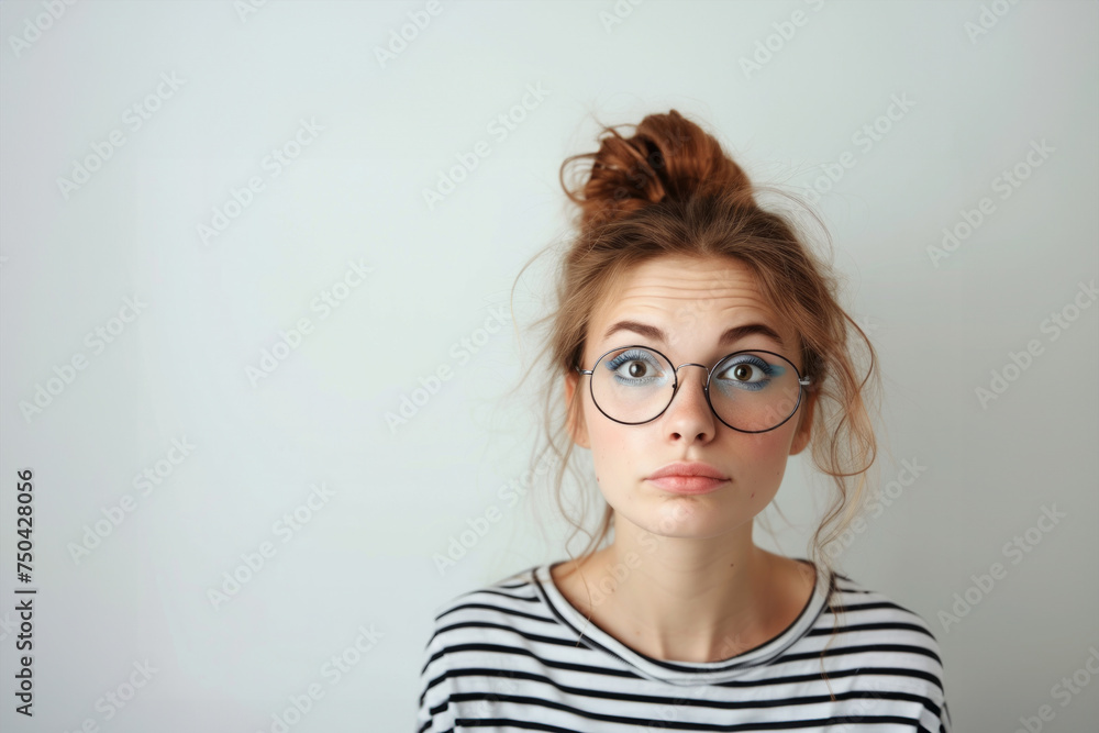 A woman with glasses and a messy bun on her head A woman with glasses and a messy bun on her head