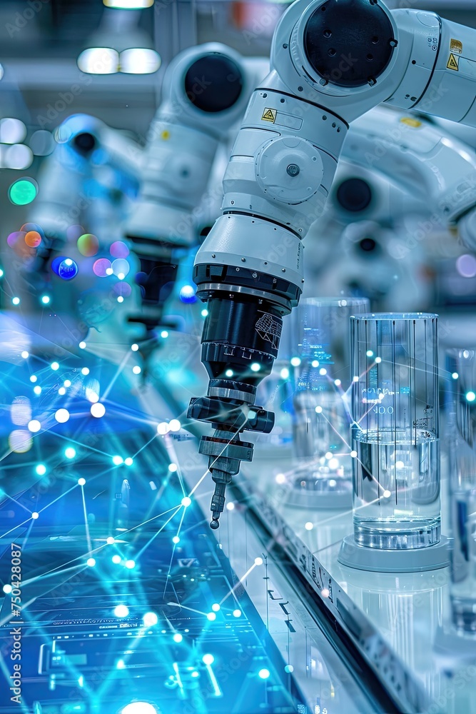 Precision robotic arm performing tasks in a high-tech environment. Precision robotic arm performing tasks in a high-tech environment.