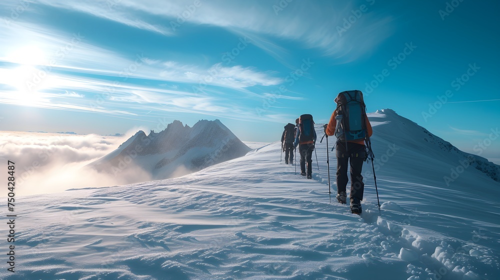 A group hiker treks through snow-covered mountains, reaching a peak with a breathtaking view. Outdoor adventure activity conept.