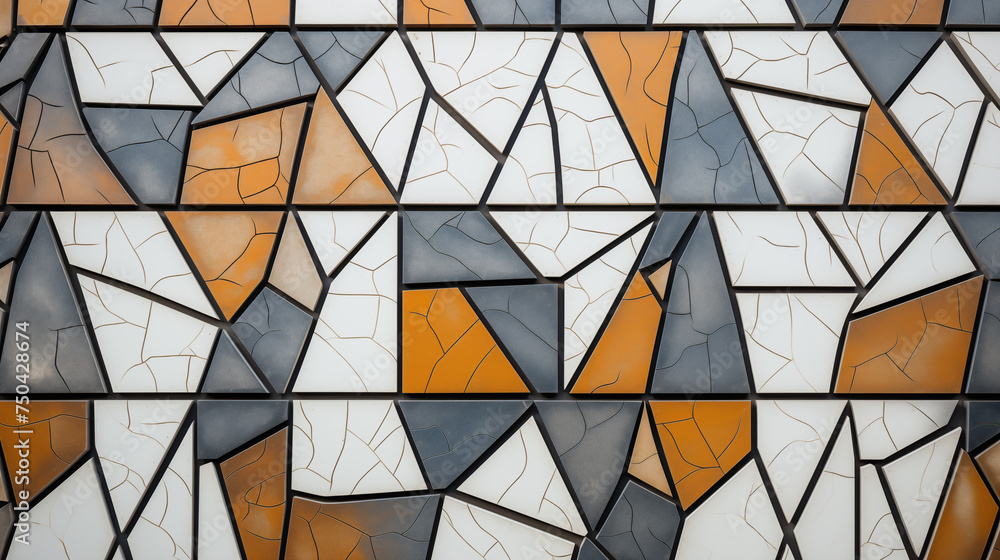 Obraz premium Geometryczne wzory, tło z płytek kafelków bogato zdobionych. Wystrój łazienki, kuchni, podłoga niebieska i pomarańczowa