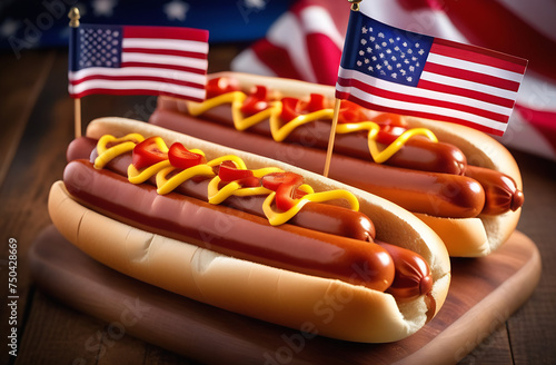 Hot dog with mustard and small USA flag on napkin