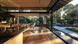 An Australian luxury home with beautiful glass window reflections. kitchen 