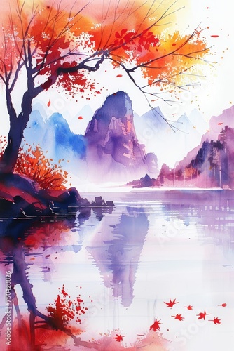 Vibrant watercolor painting of autumn trees and mountains.