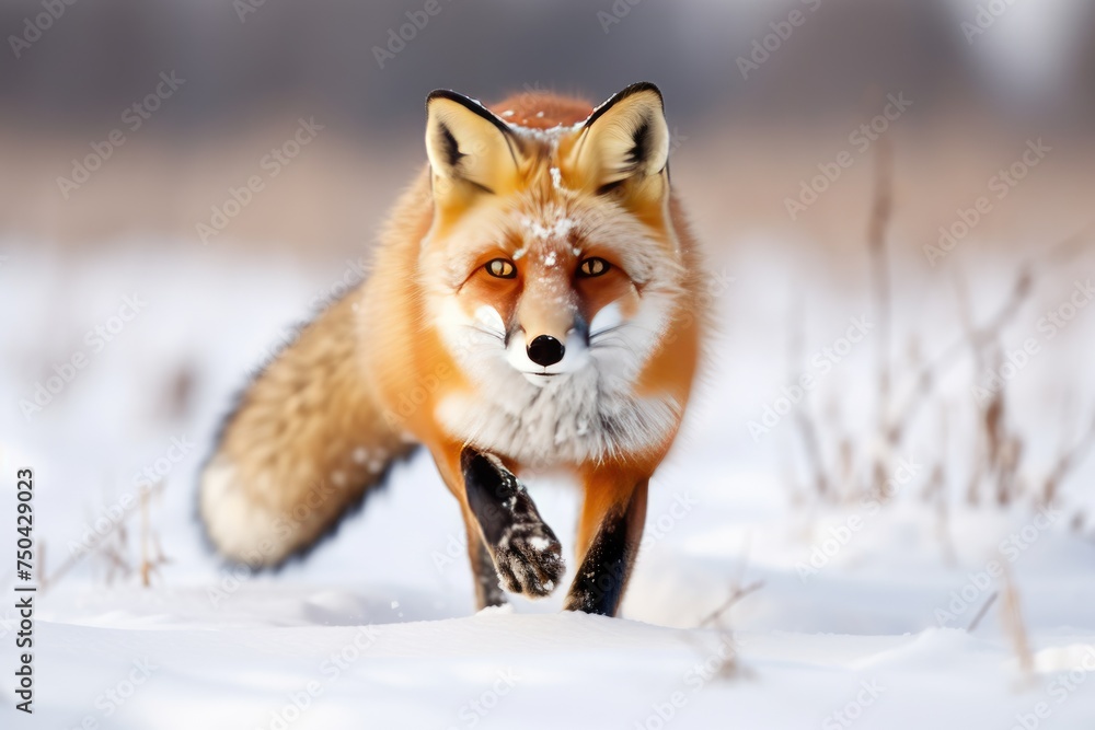 Lone red fox standing alert in a snowy winter field, Beautiful Red Fox in a snow-covered field hunting, late afternoon sunlight., Ai generated Lone red fox standing alert in a snowy winter field, Beautiful Red Fox in a snow-covered field hunting, late afternoon sunlight., Ai generated