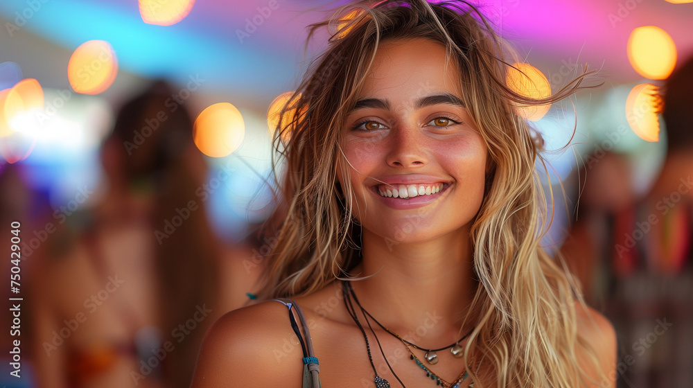 Fototapeta premium Bright young faces lit by stage lights, sharing laughter and music at the university summer fest.