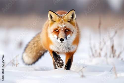 Lone red fox standing alert in a snowy winter field, Beautiful Red Fox in a snow-covered field hunting, late afternoon sunlight., Ai generated