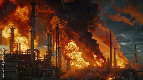 Major fire at an industrial oil refinery.