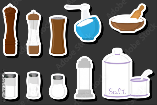 Illustration on theme big set different types ware filled salt for organic cooking