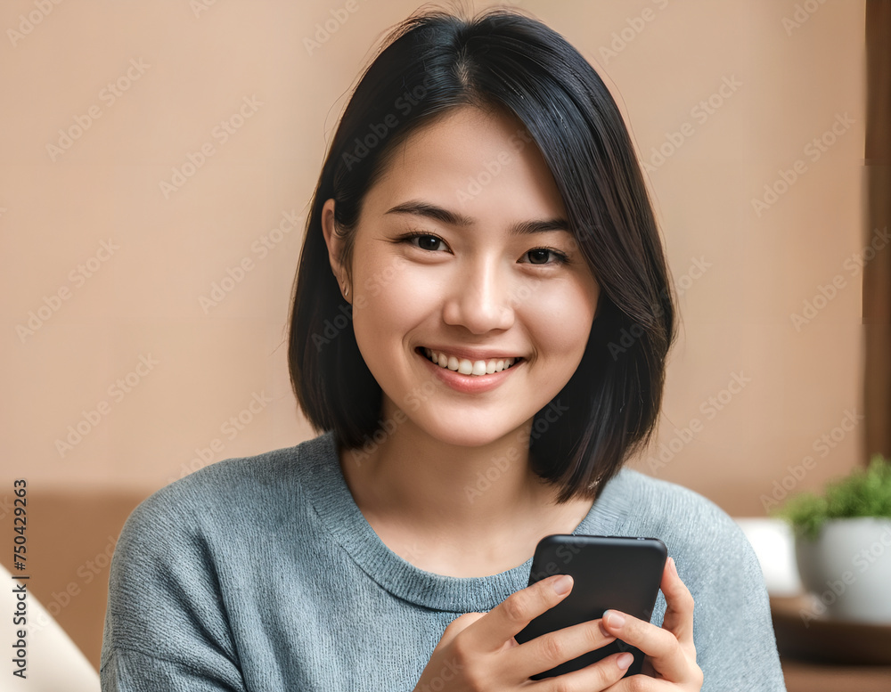 Asian woman smiling, holding a smartphone and texting. Short hair and is wearing a grey sweater. Black smartphone. Concepts of technology, communication.