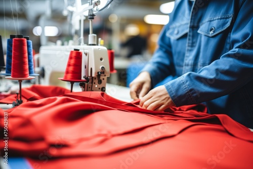 Textile cloth factory tailoring process, professional seamstress, wage increase advocacy photo