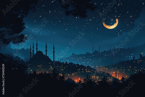 ramadan decoration and islamic watercolour greeting card background with a mosque landscape