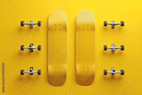 A yellow background with a patterned skateboard and a black and yellow skateboard. Skateboard spare parts. Disassembled skateboard in a row. Skate components