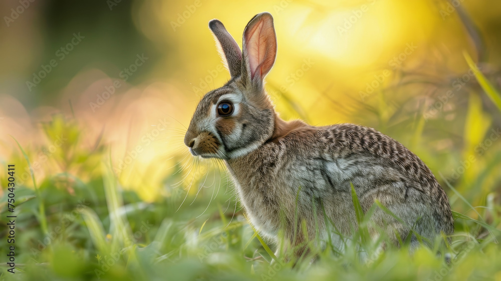 A rabbit in the grass, sunlight casting a warm glow behind it. A rabbit in the grass, sunlight casting a warm glow behind it.