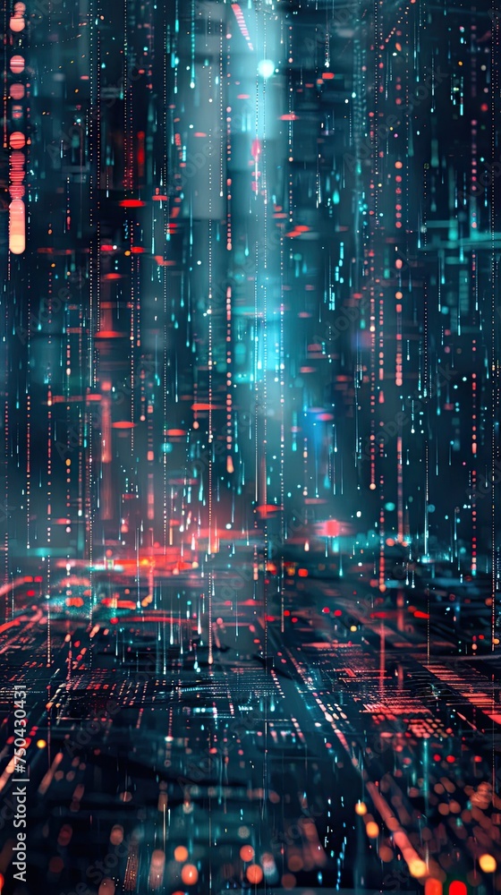 Futuristic abstract matrix, with digital rain and cyber elements, conveying a deep tech atmosphere