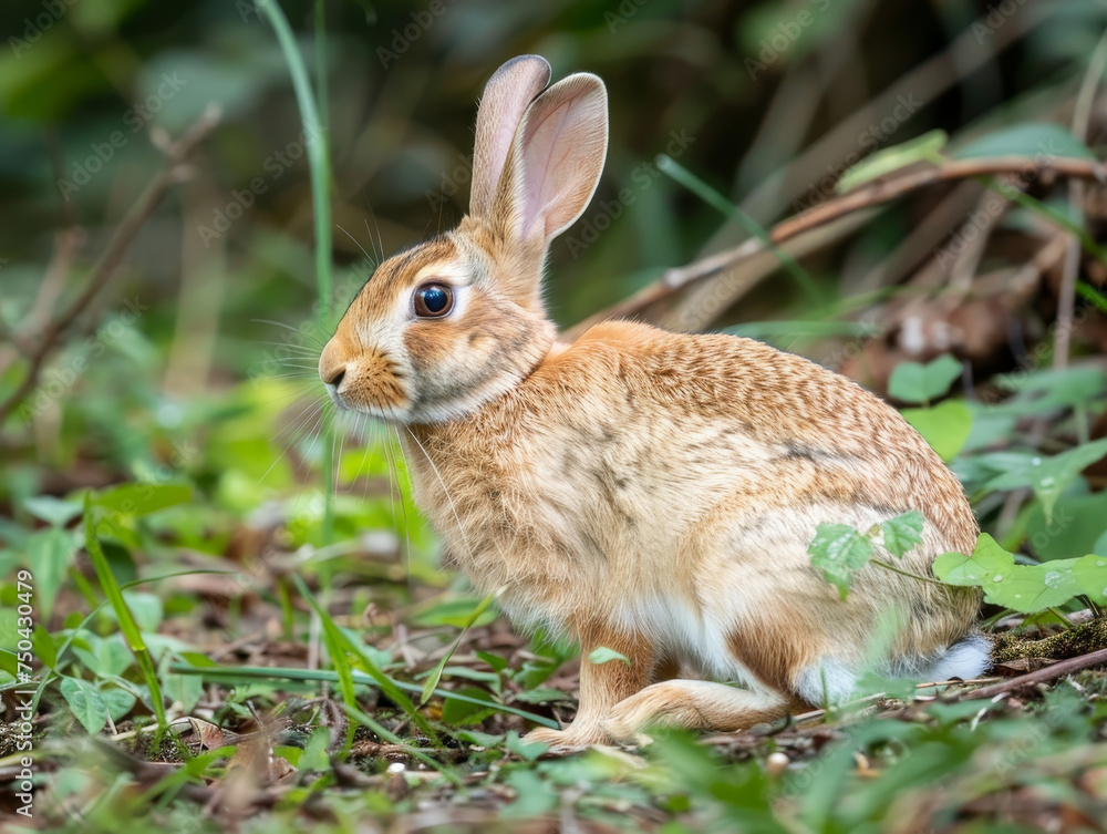 A curious rabbit seated under a tree, surrounded by nature. A curious rabbit seated under a tree, surrounded by nature.