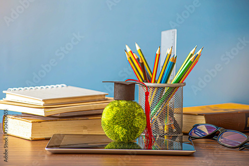 Pile of colorful books and world globe on pastel background