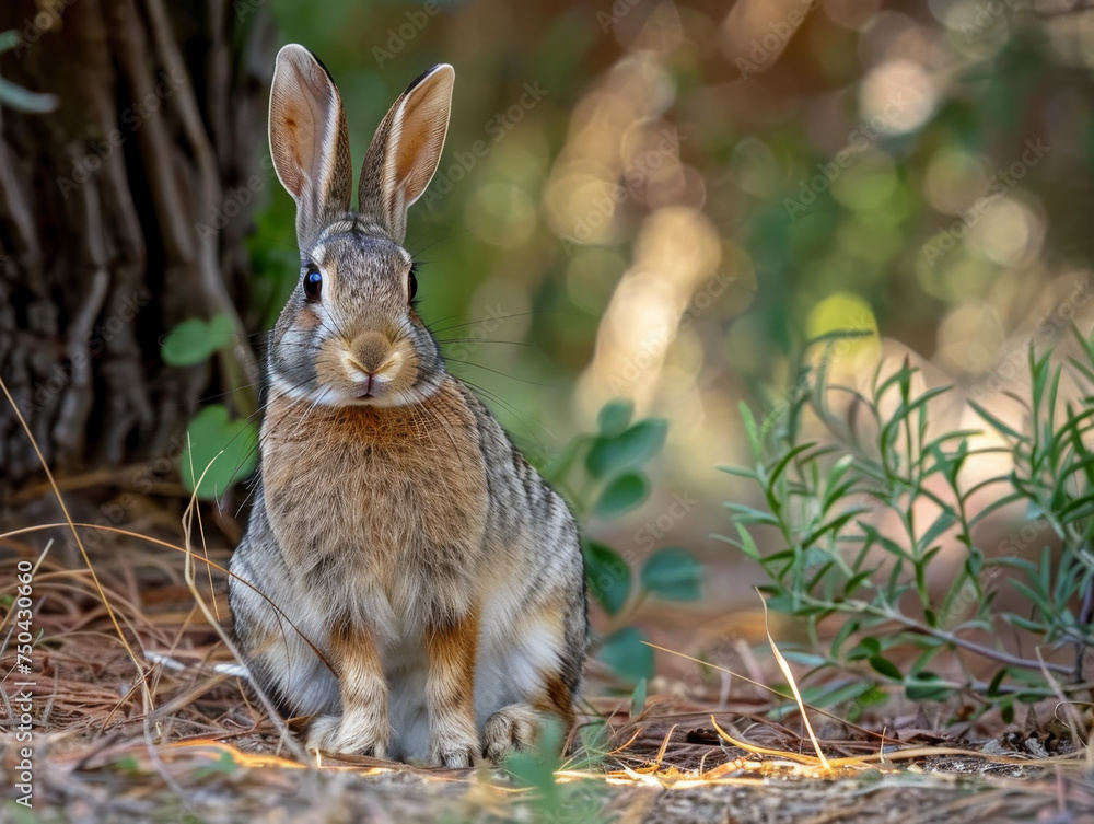 Fototapeta premium A curious rabbit seated under a tree, surrounded by nature.
